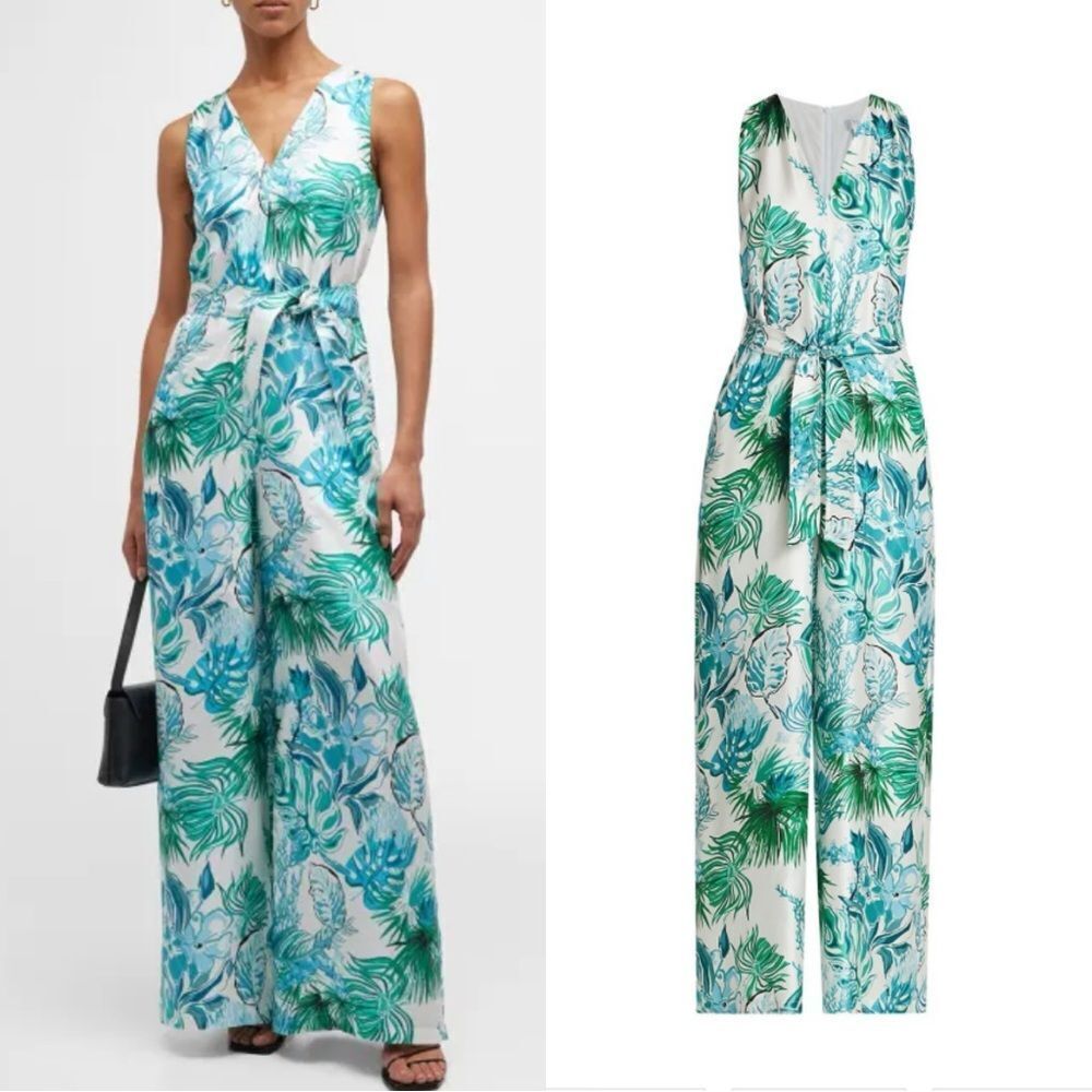 Max Mara Kabala Floral Silk Jumpsuit White Green Turquoise Size S